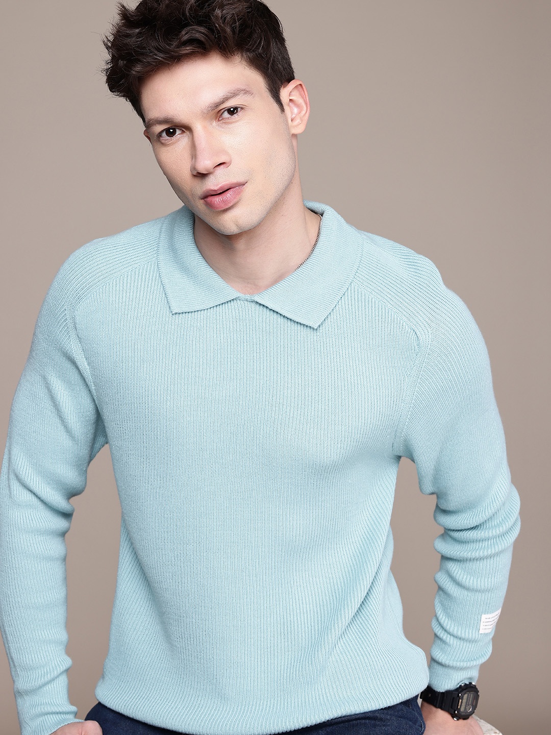 

WROGN Self-Design Shirt Collar Pullover Sweater, Blue