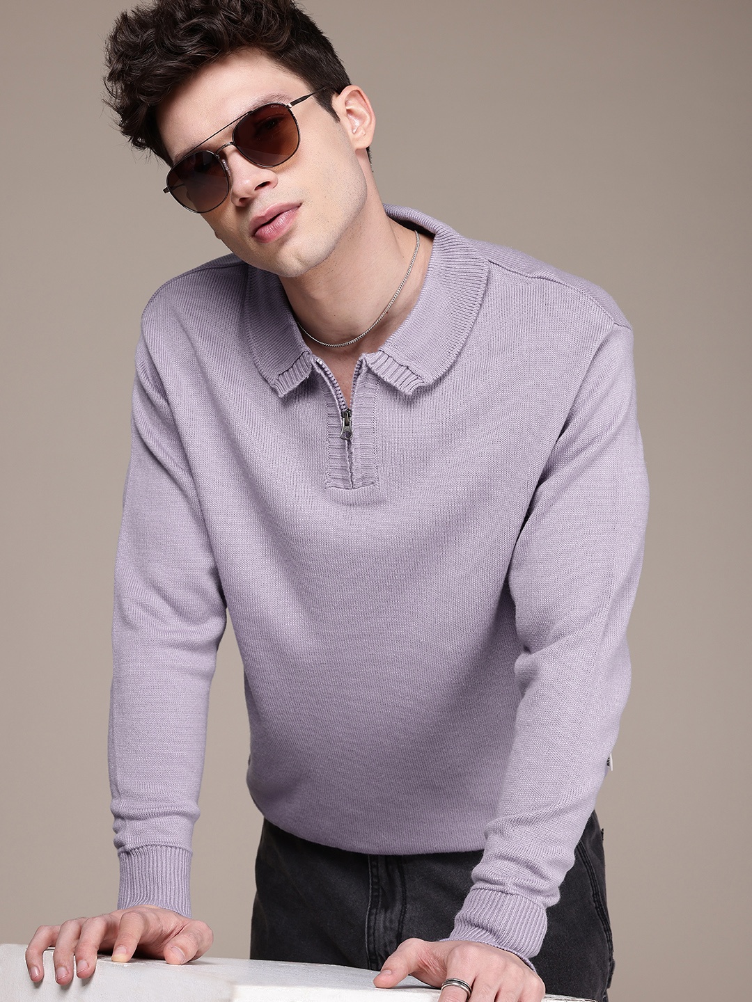 

WROGN Shirt Collar Pullover Sweater, Lavender
