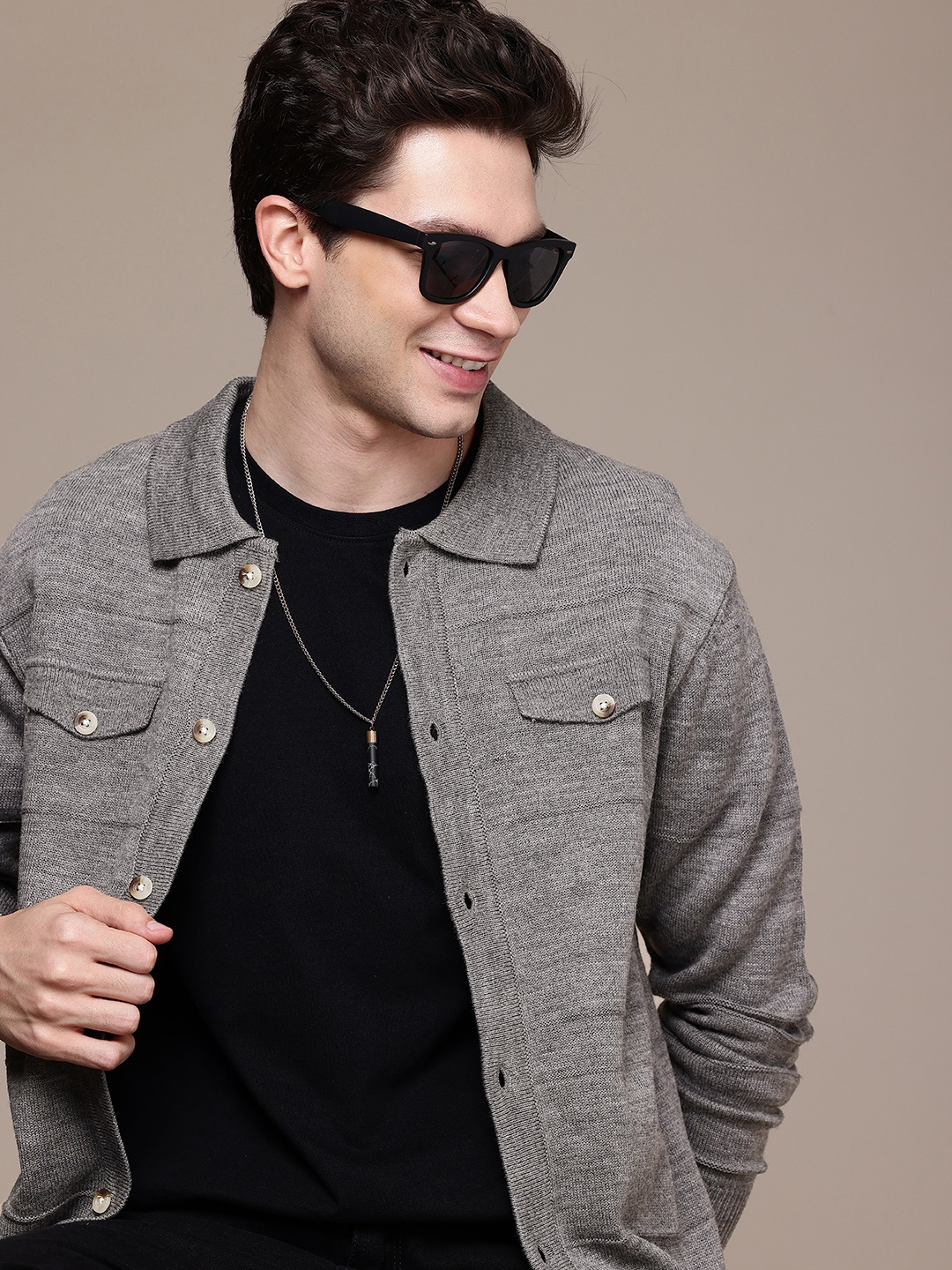 

WROGN Shirt Collar Self-Design Front Open Sweater, Grey