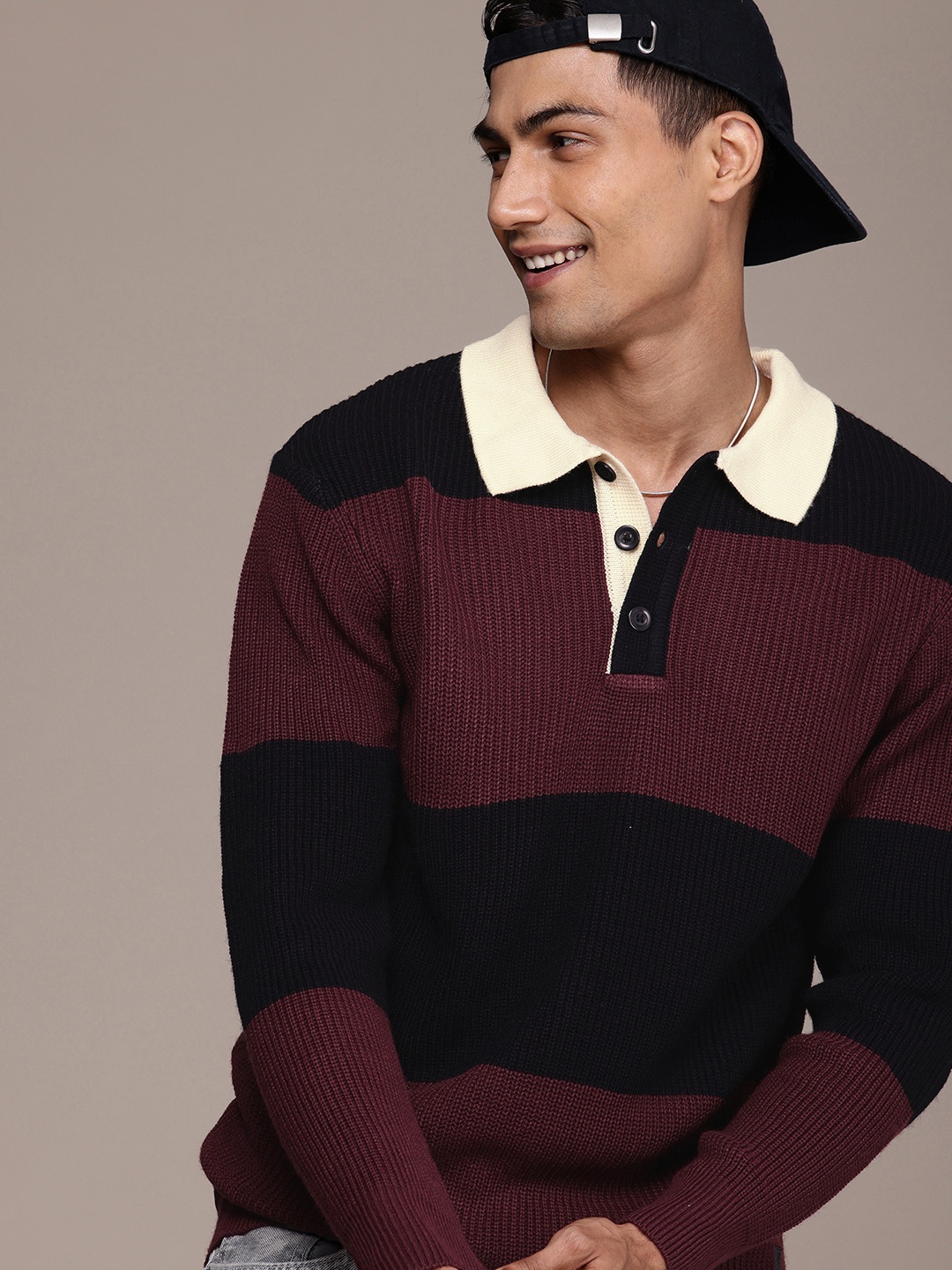 

WROGN Comfort Fit Colourblocked Cable Knit Pullover Sweaters, Black