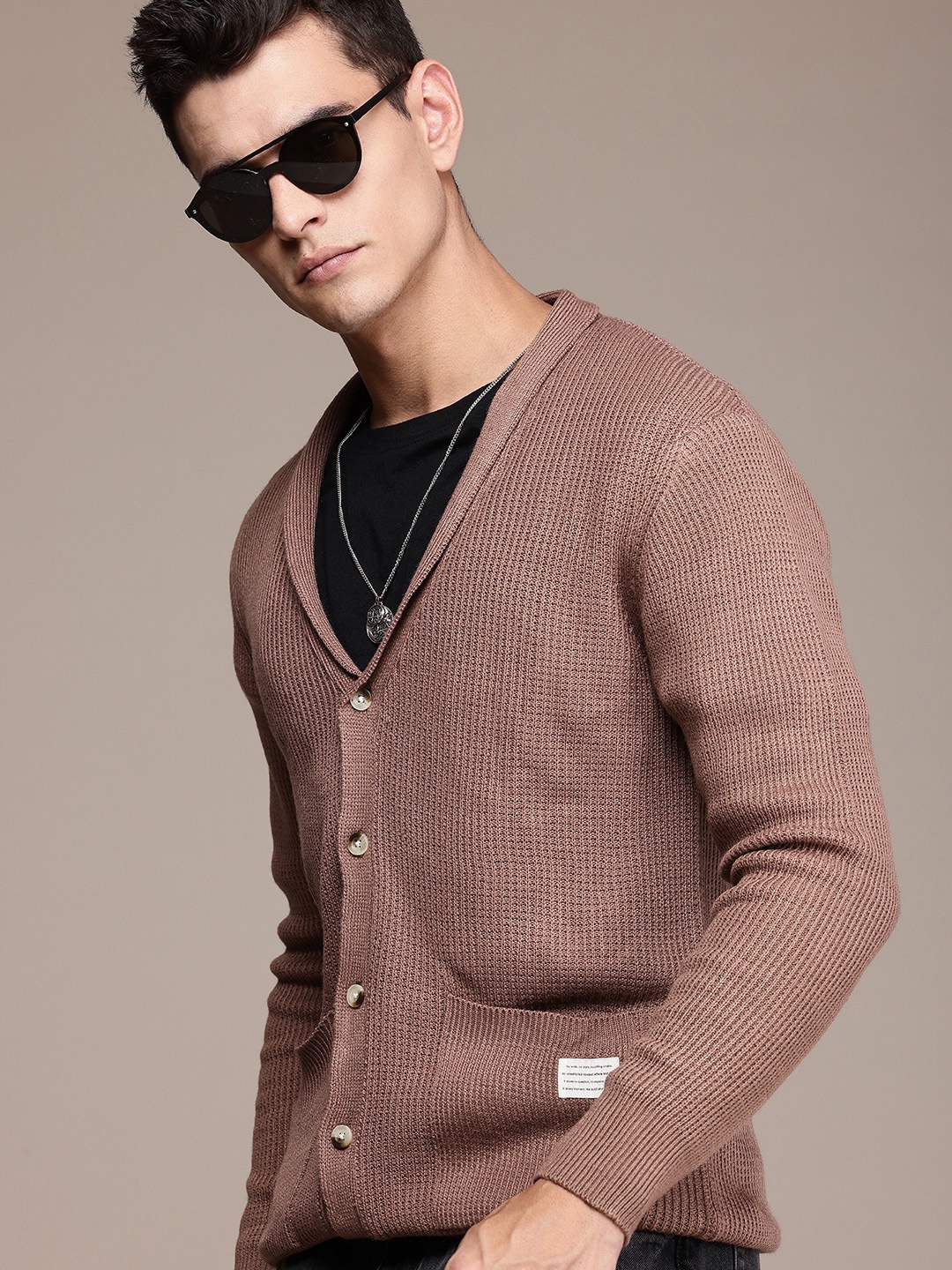

WROGN Self Design Shawl Collar Comfort Fit Cardigan, Brown