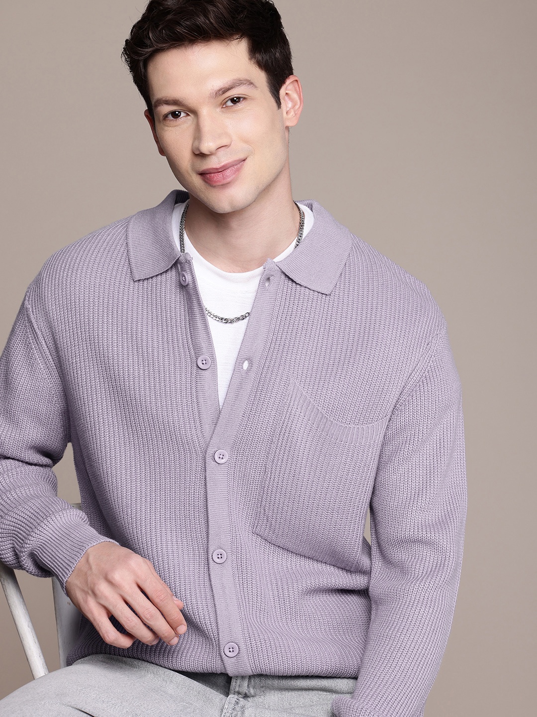 

WROGN Self Design Comfort Fit Cardigan, Purple