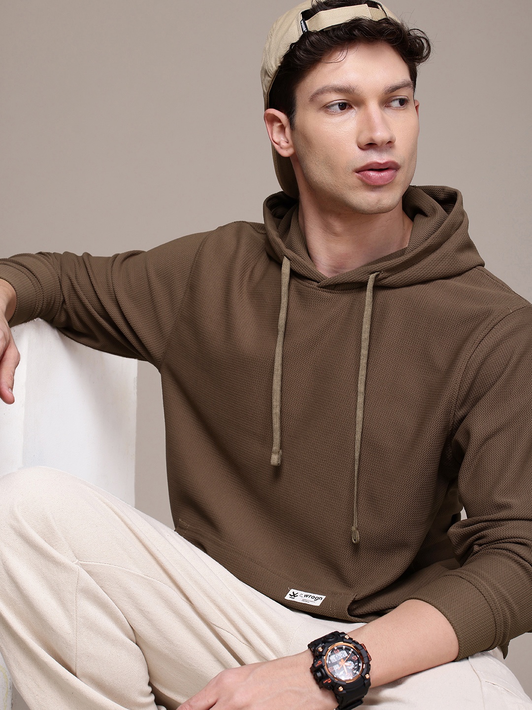 

WROGN Self Design Hooded Pullover Sweatshirt, Brown
