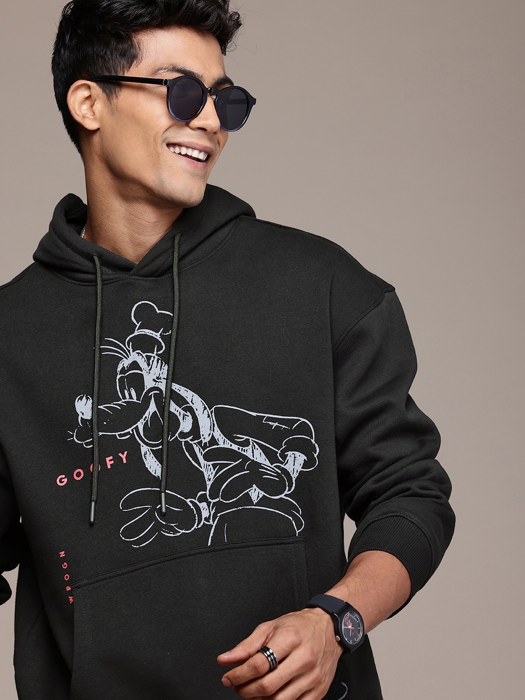 

WROGN Goofy Printed Oversized Hooded Pullover Sweatshirt, Black