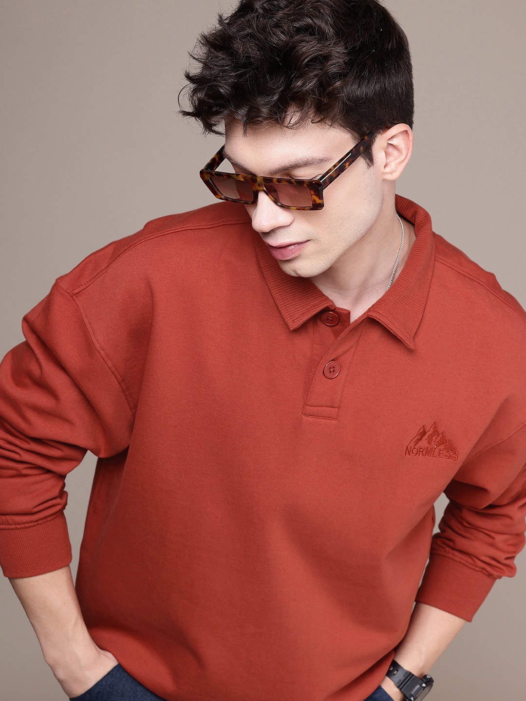 

WROGN Polo Collar Oversized Sweatshirt, Rust