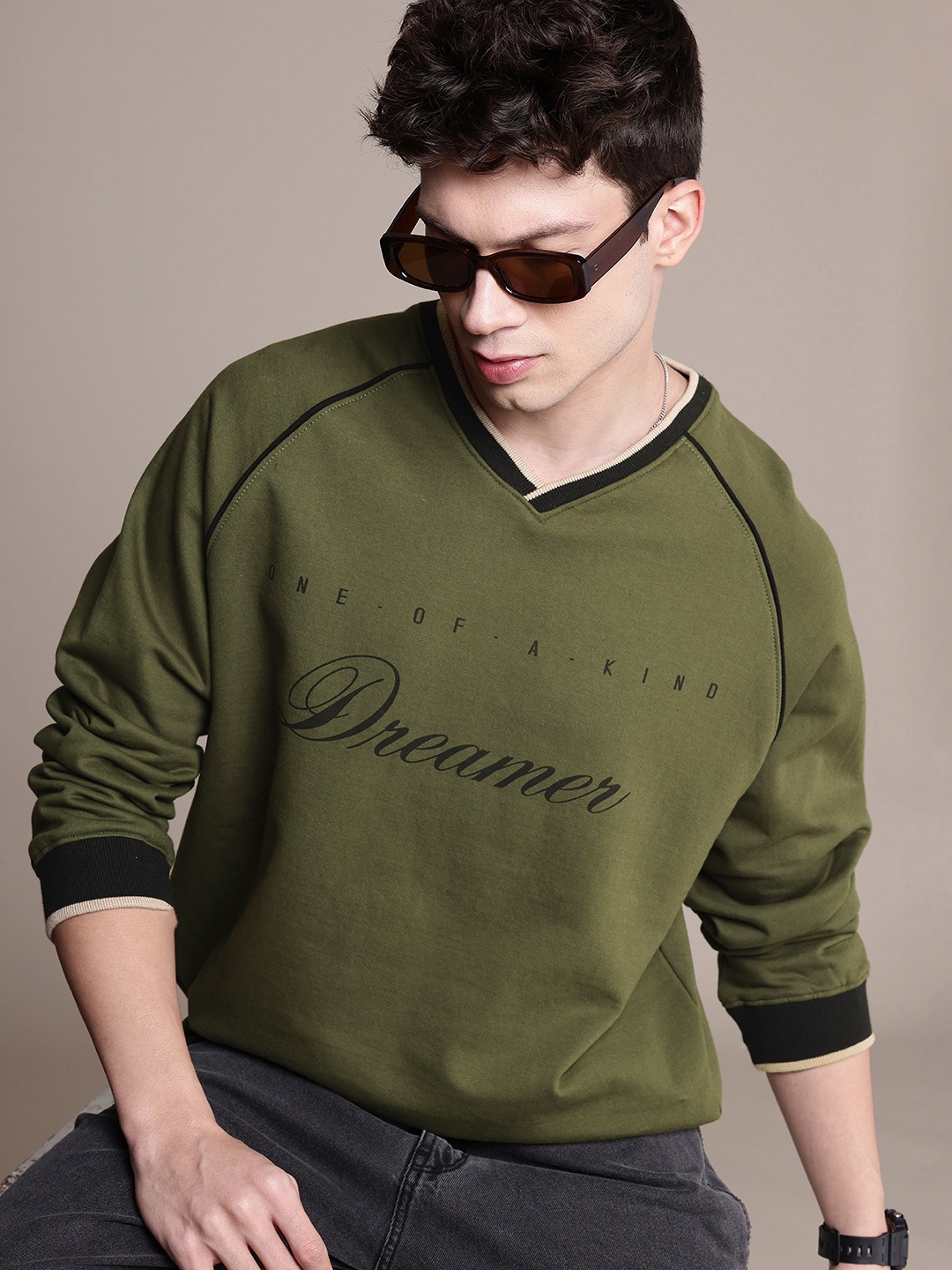 WROGN Typography Printed V-Neck Oversized Sweatshirt, Olive