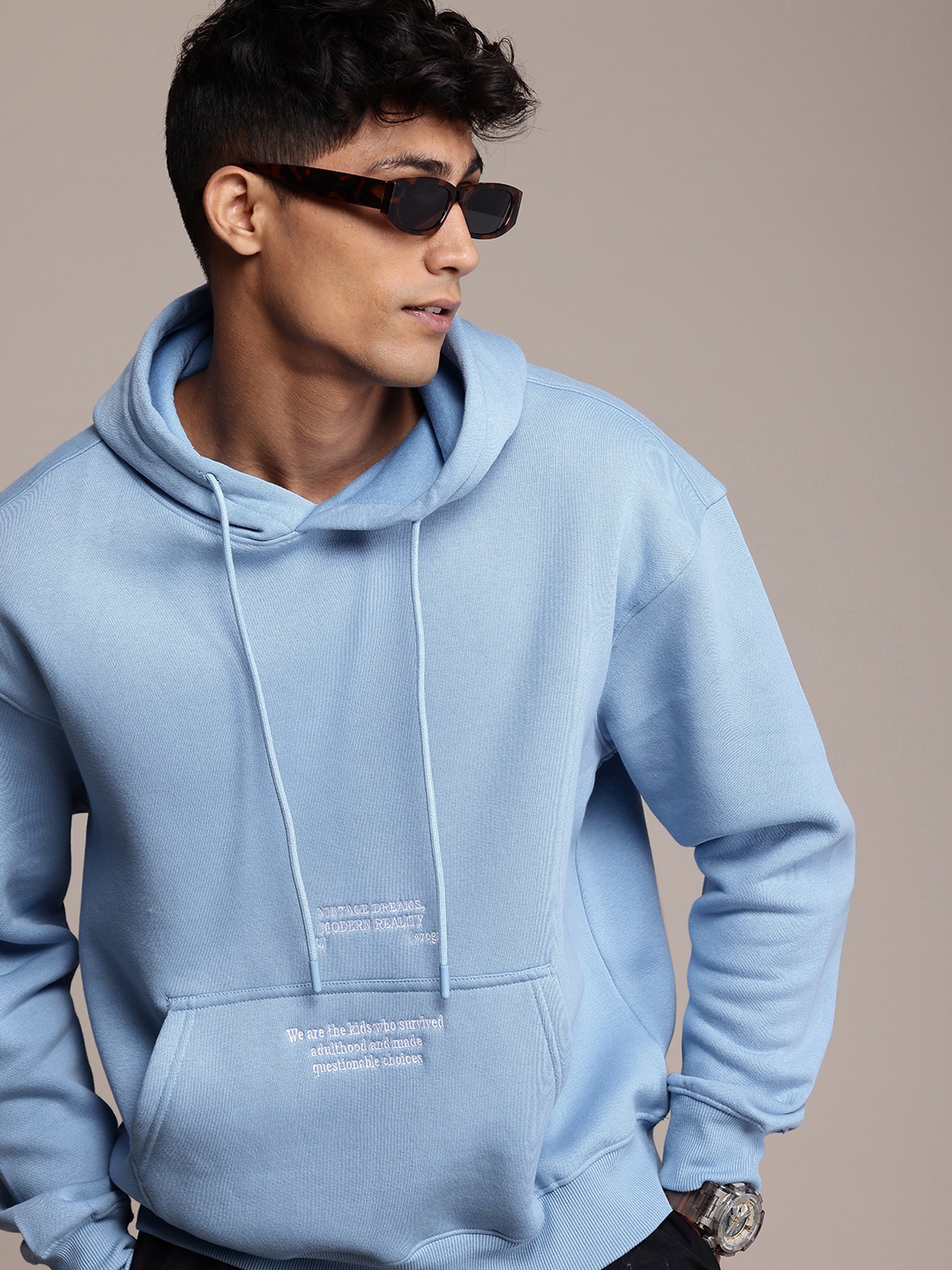 

WROGN Typography Embroidery Hooded Pullover Sweatshirt, Blue