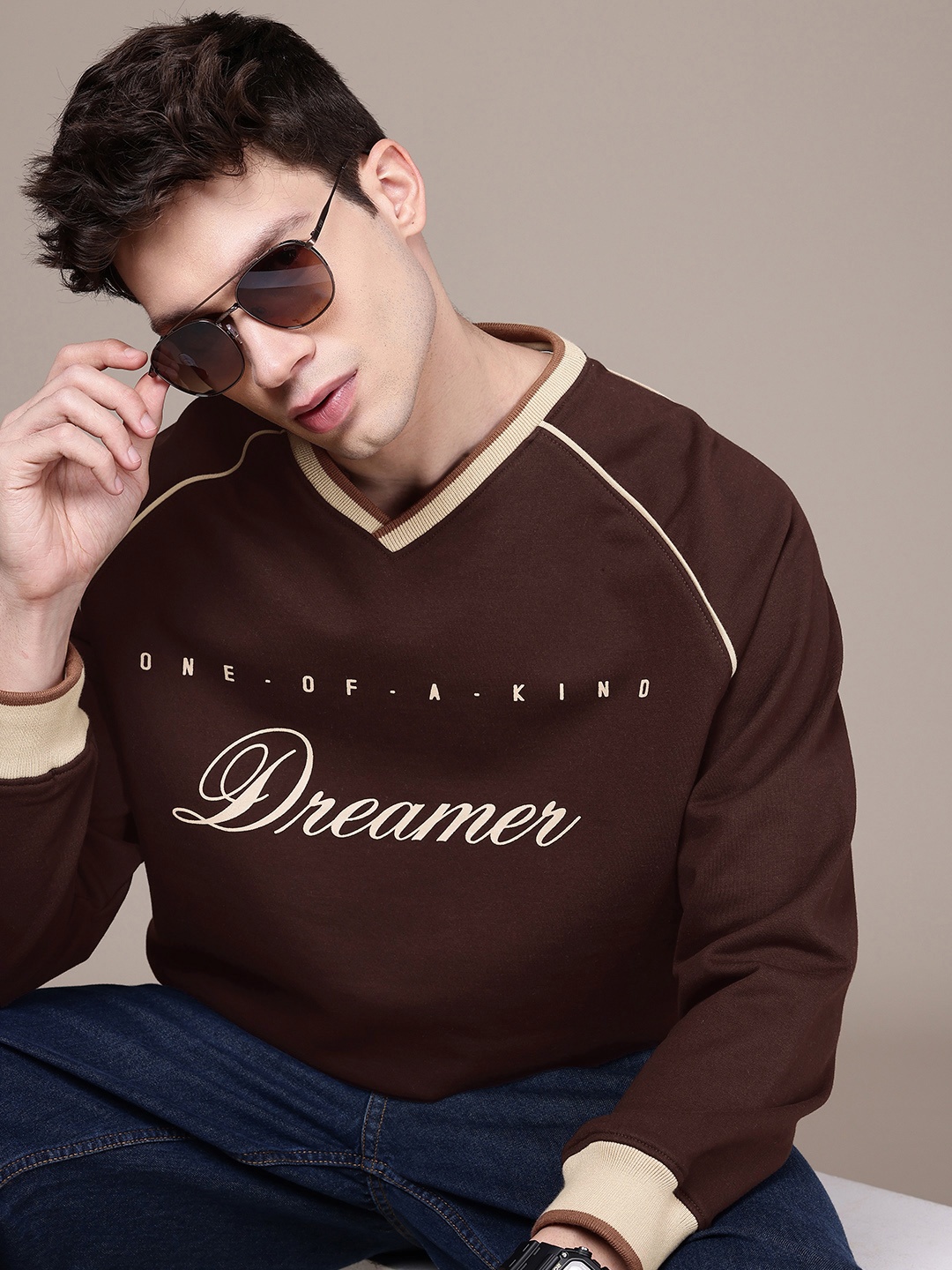 

WROGN Typography Printed V-Neck Oversized Sweatshirt, Brown
