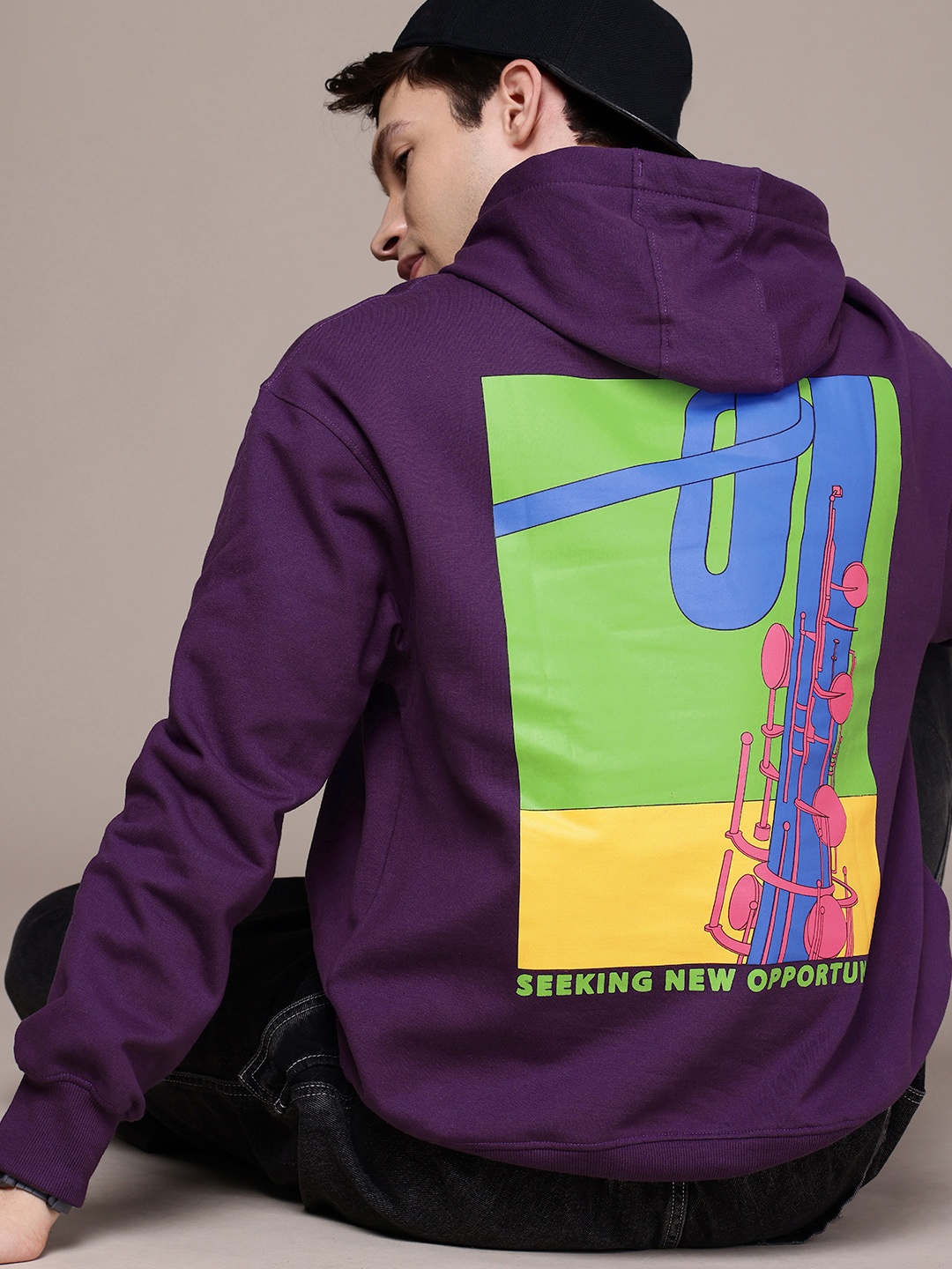 

WROGN Printed Hooded Oversized Sweatshirt, Purple