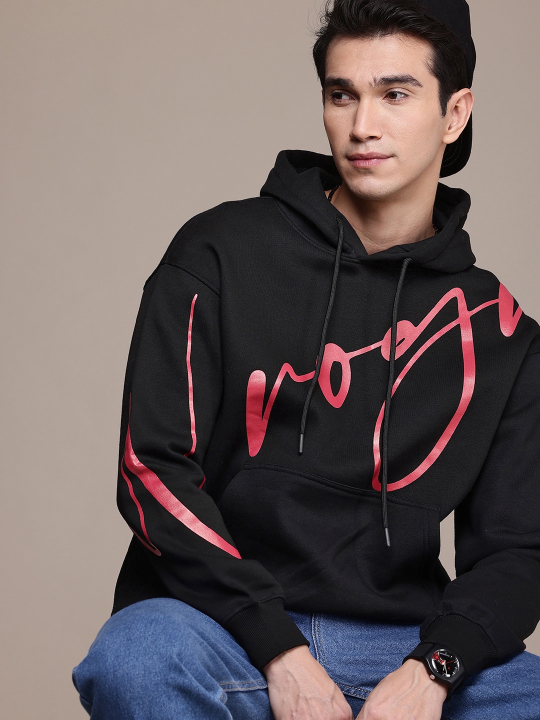 

WROGN Brand Logo Printed Hooded Oversized Sweatshirt, Black