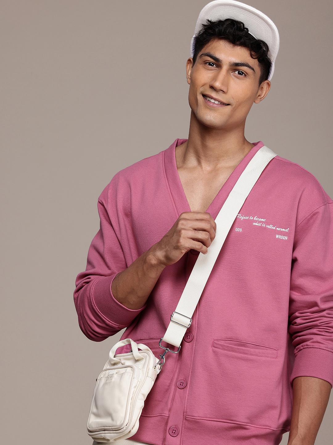 

WROGN Minimal Embroidery Open Front Sweatshirt, Pink