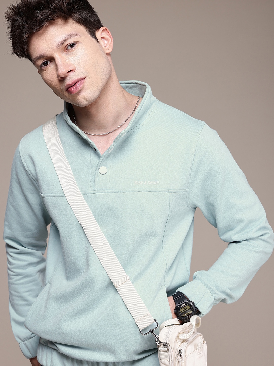 

WROGN Mock Collar Solid Pullover Sweatshirt, Blue