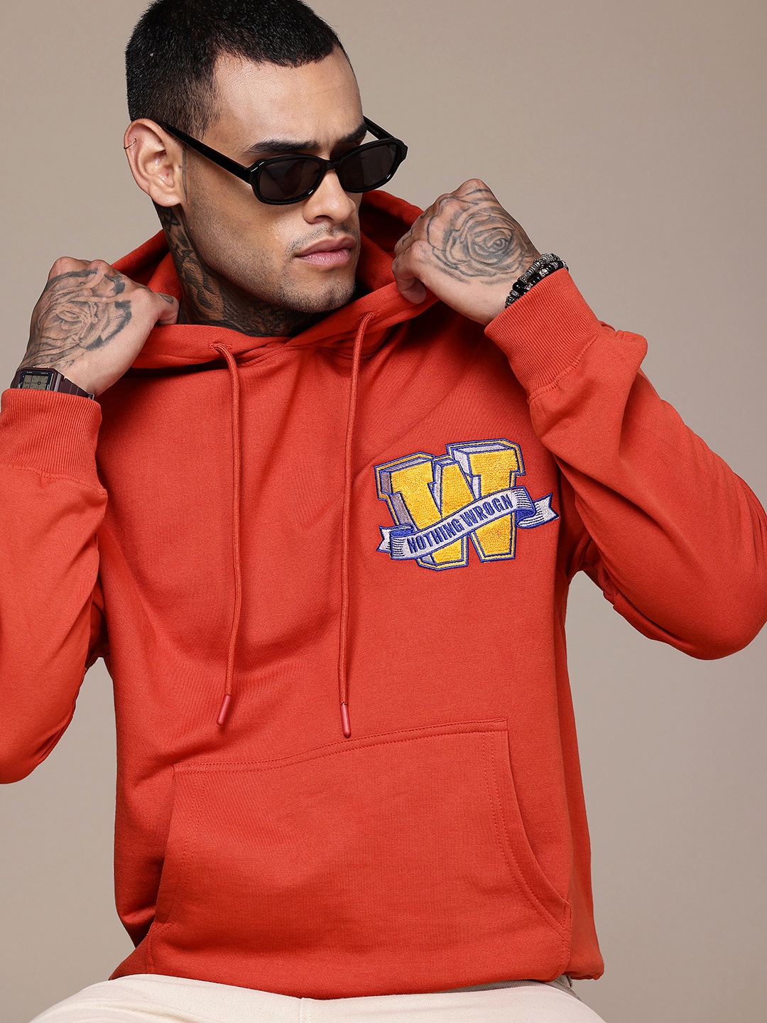 

WROGN Applique Detailing Hooded Pullover Sweatshirt, Orange