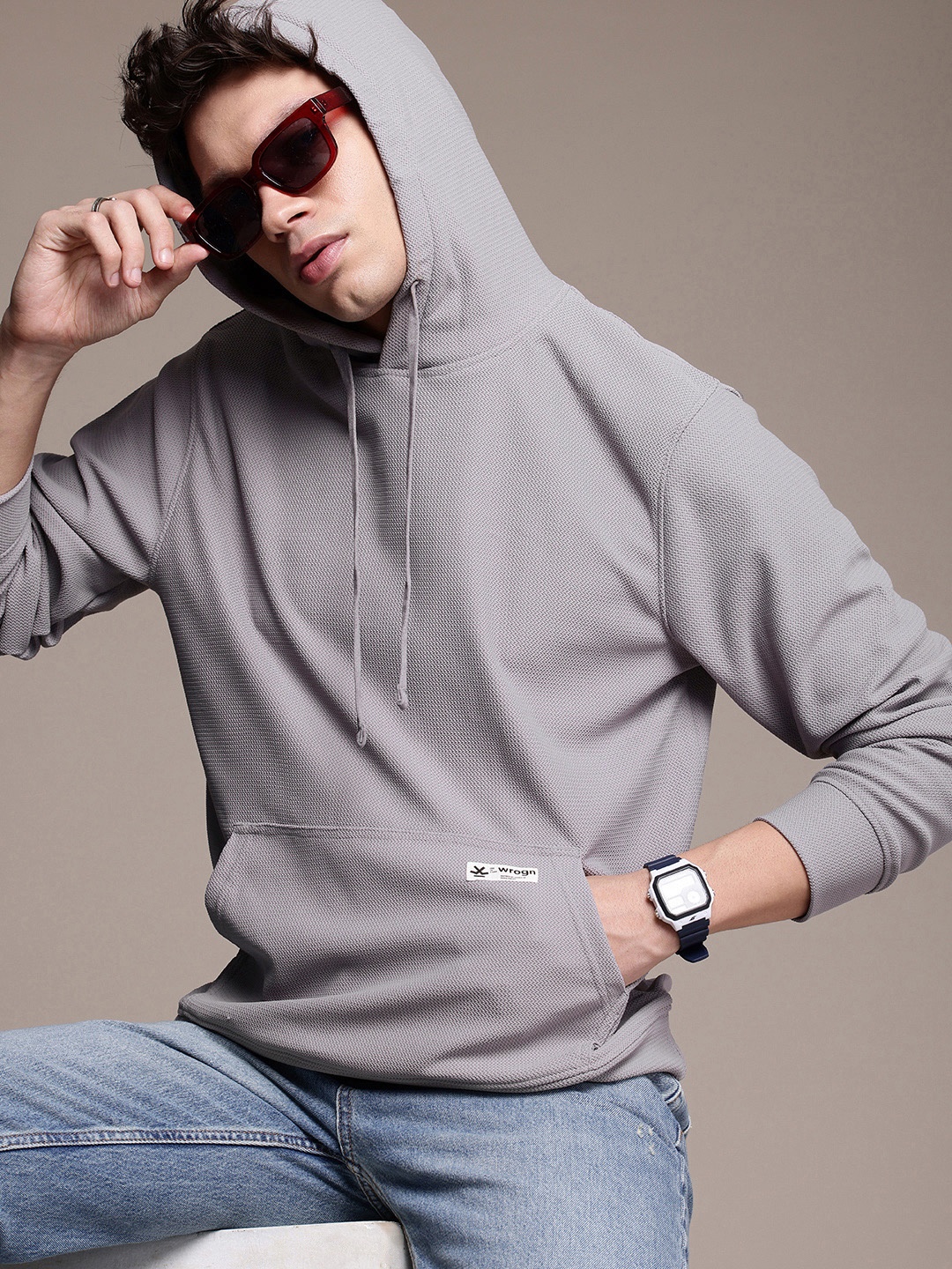 

WROGN Self Design Hooded Pullover Sweatshirt, Grey