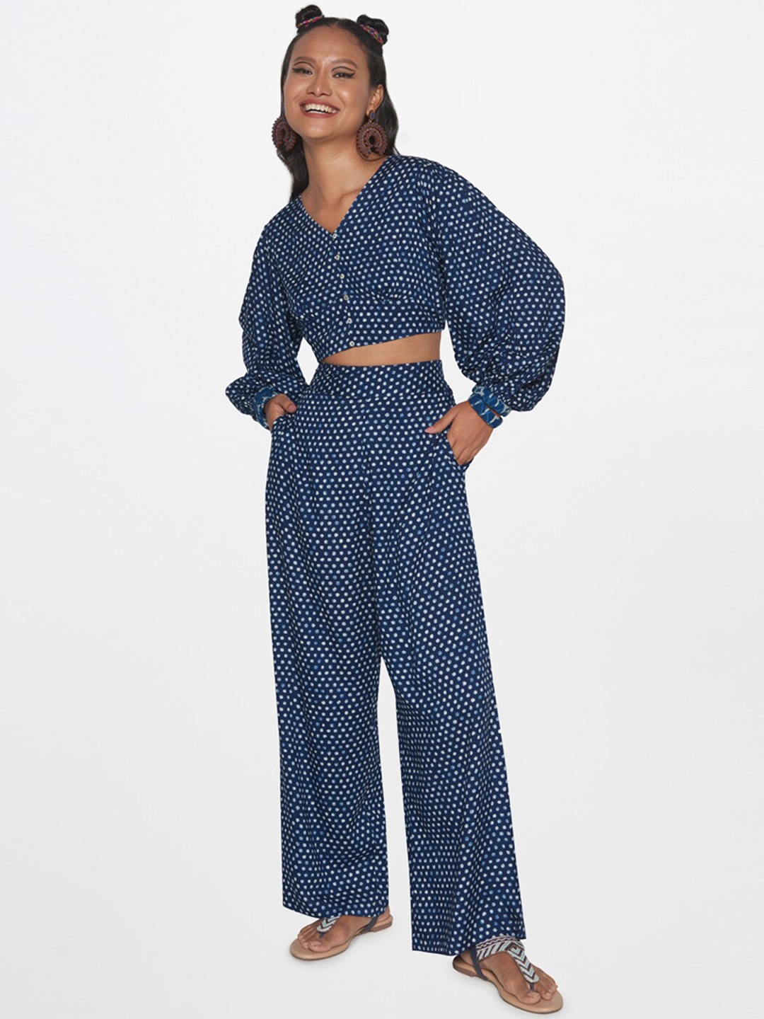 

Global Desi Printed V-Neck Top With Trousers, Navy blue