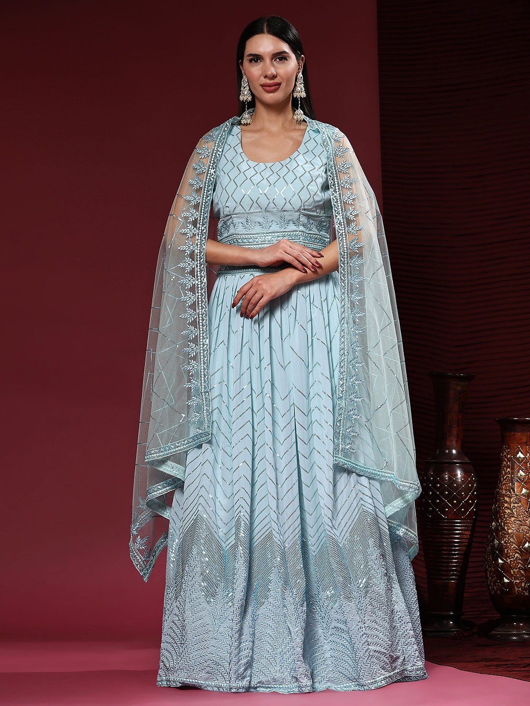 

AMOHA TRENDZ Embroidered Sequinned Ready to Wear Lehenga & Blouse With Dupatta, Turquoise blue