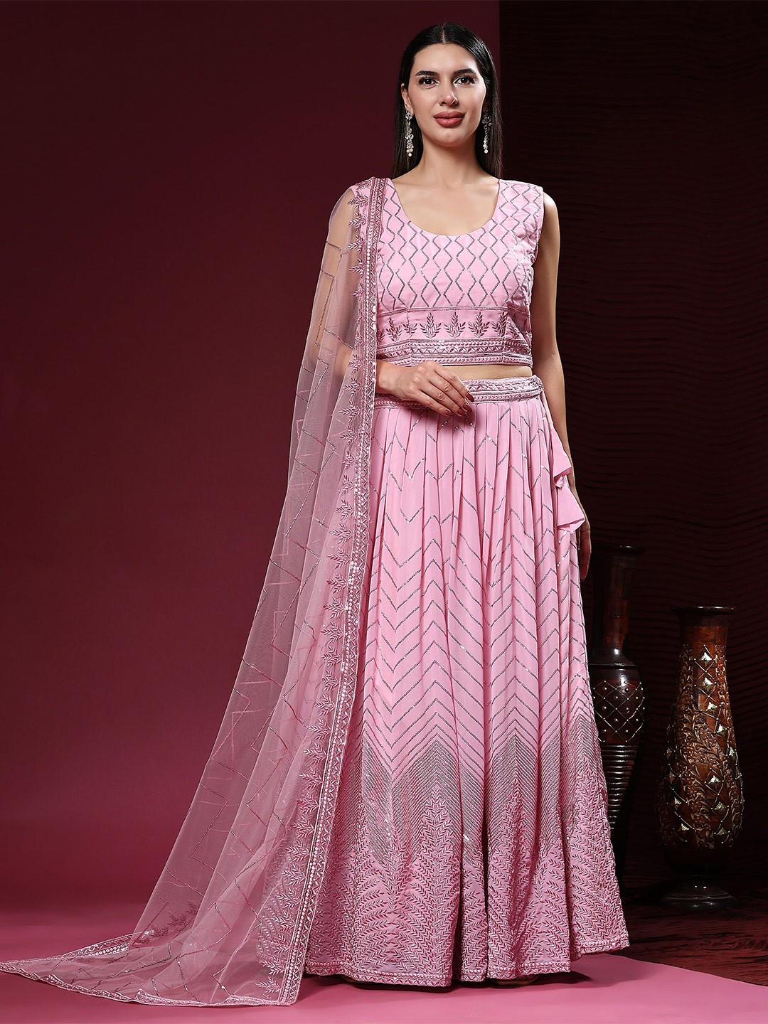 

AMOHA TRENDZ Embroidered Sequinned Ready to Wear Lehenga & Blouse With Dupatta, Pink