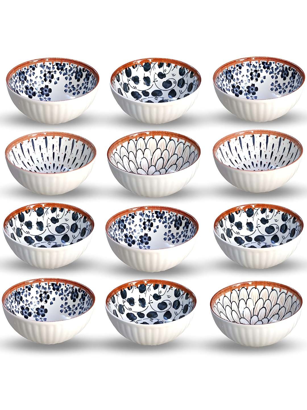 

P-Plus International Set Of 12 White & Blue Printed Ceramic Serving Bowl
