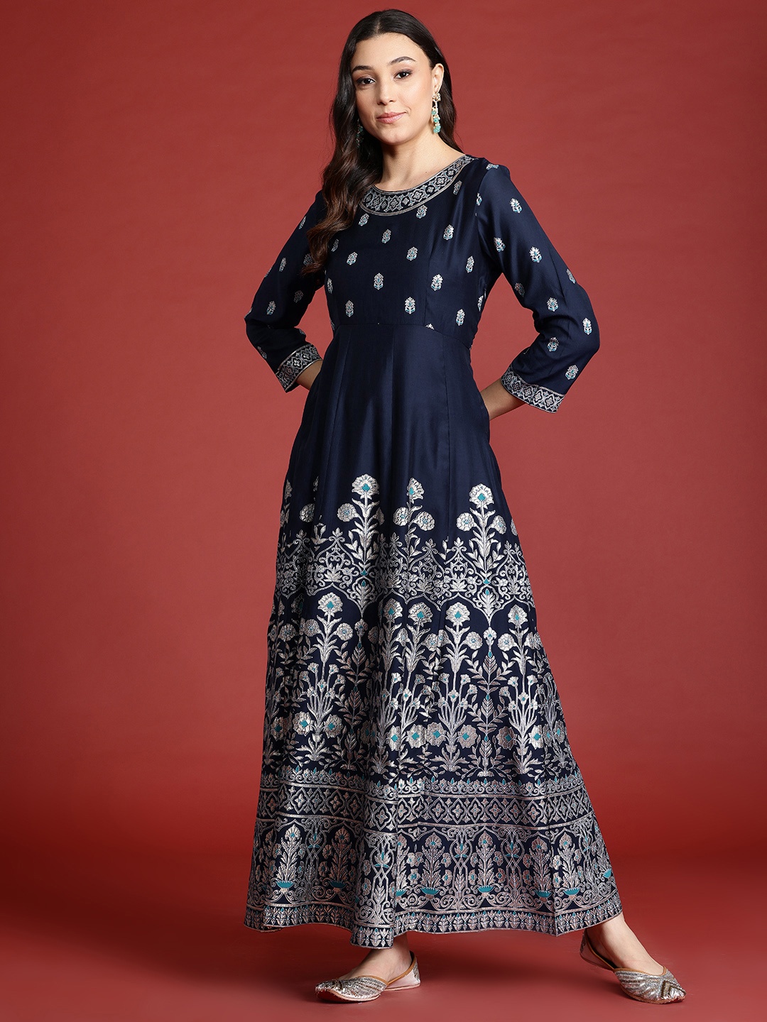 

Anouk tyohaar Foil Ethnic Print Anarkali Kurta, Navy blue
