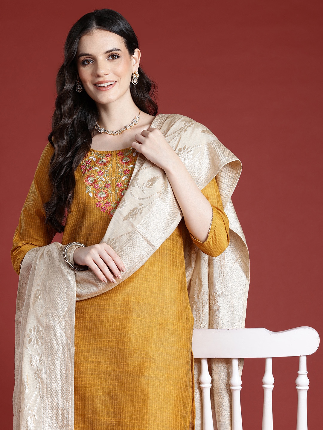 

Anouk Yoke Design Regular Kurta with Trousers & With Dupatta, Mustard