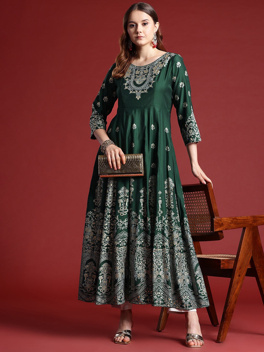 

Anouk Ethnic Motifs Foil Print Anarkali Kurta, Green