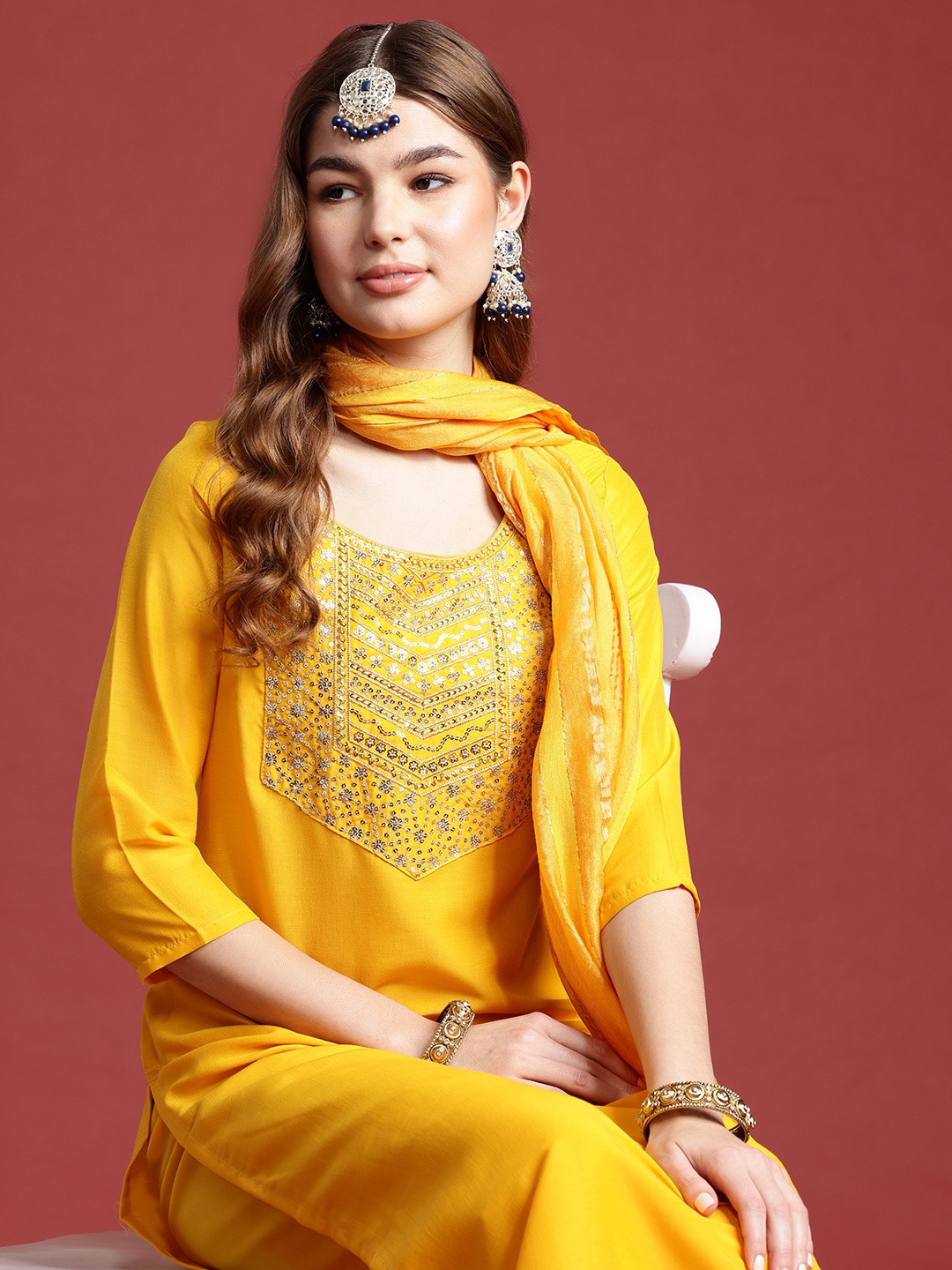 

Anouk Women Ethnic Motifs Yoke Design Regular Sequinned Kurta with Trousers & Dupatta, Yellow