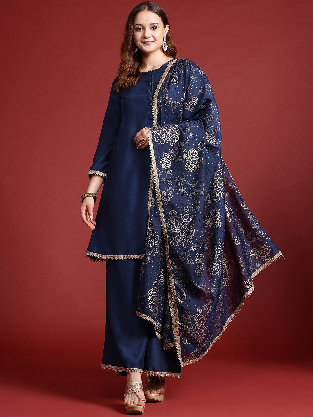 

Anouk Sequinned Kurta with Palazzos & Dupatta, Navy blue
