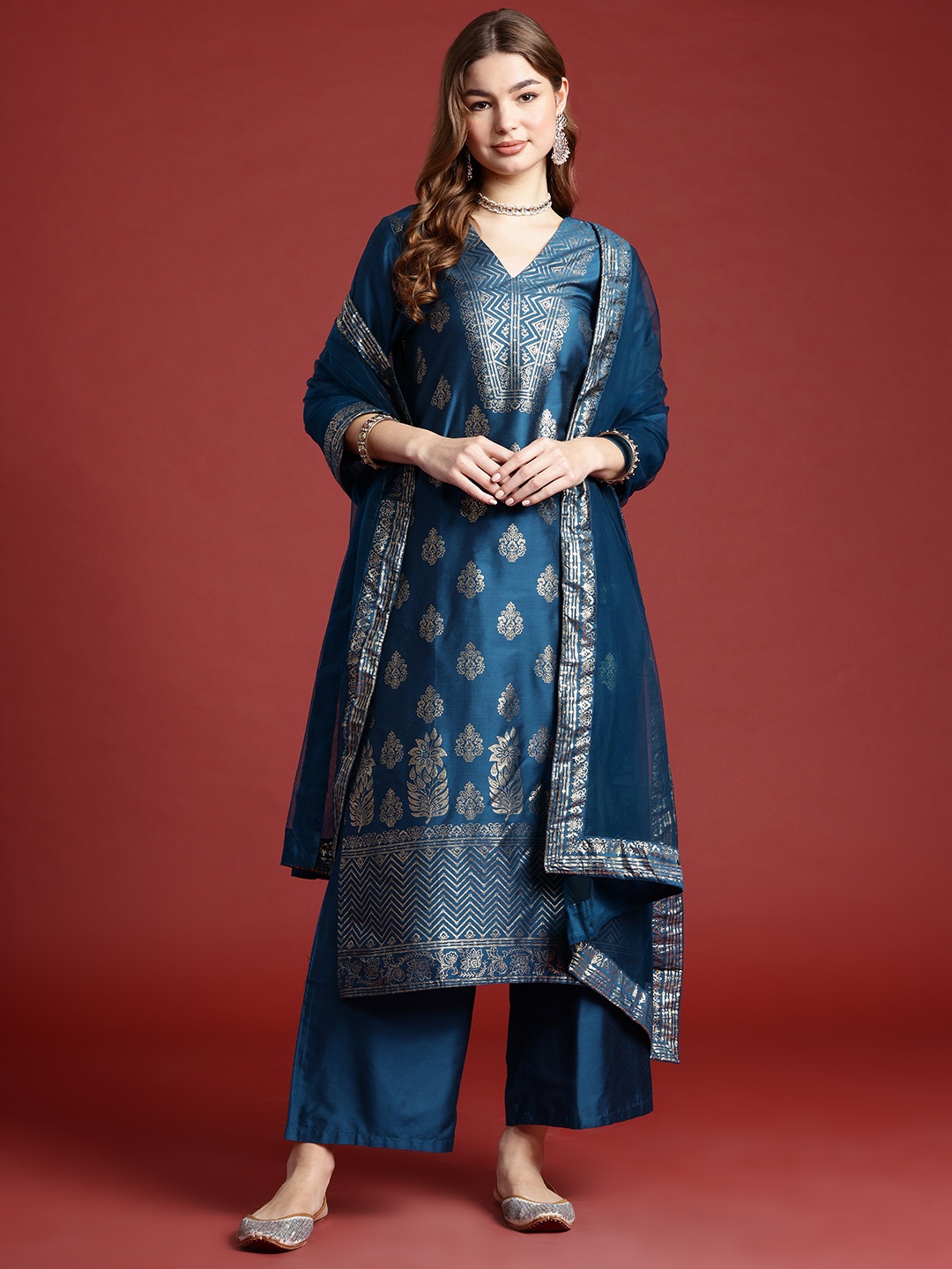 

Anouk Floral Printed Regular Kurta with Palazzos & With Dupatta, Teal
