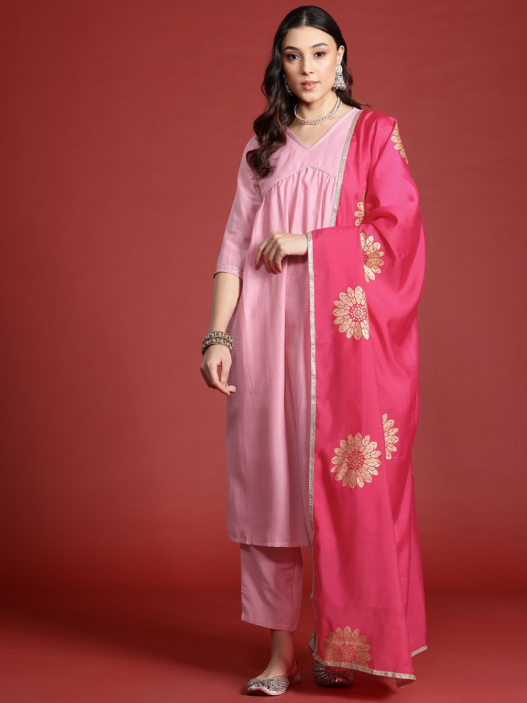 

Anouk V-Neck Empire Kurta with Trousers & Dupatta, Pink