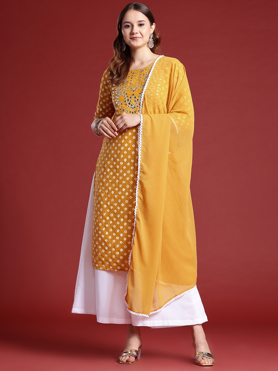 

Anouk Bandhani Printed Mirror Work Embellished Kurta Set, Yellow