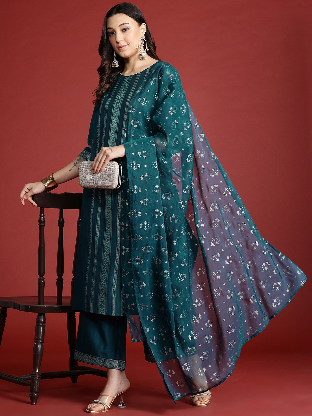 

Anouk Tyohar Collection Printed Kurta with Palazzos & Dupatta, Teal