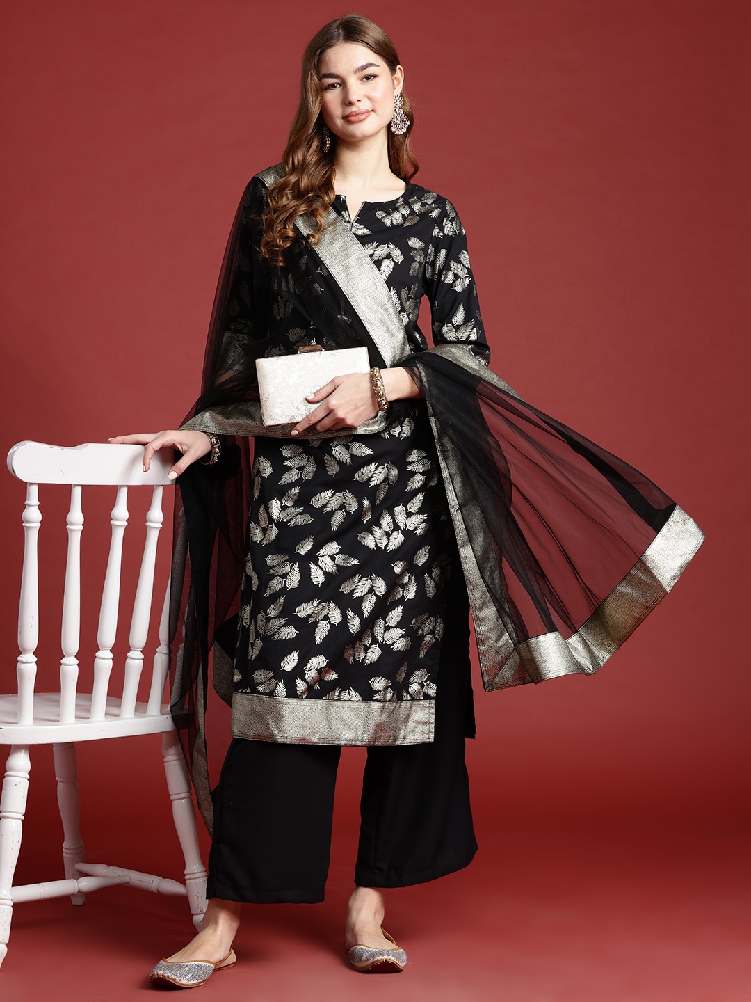 

Anouk Floral Printed Regular Kurta with Palazzos & With Dupatta, Black