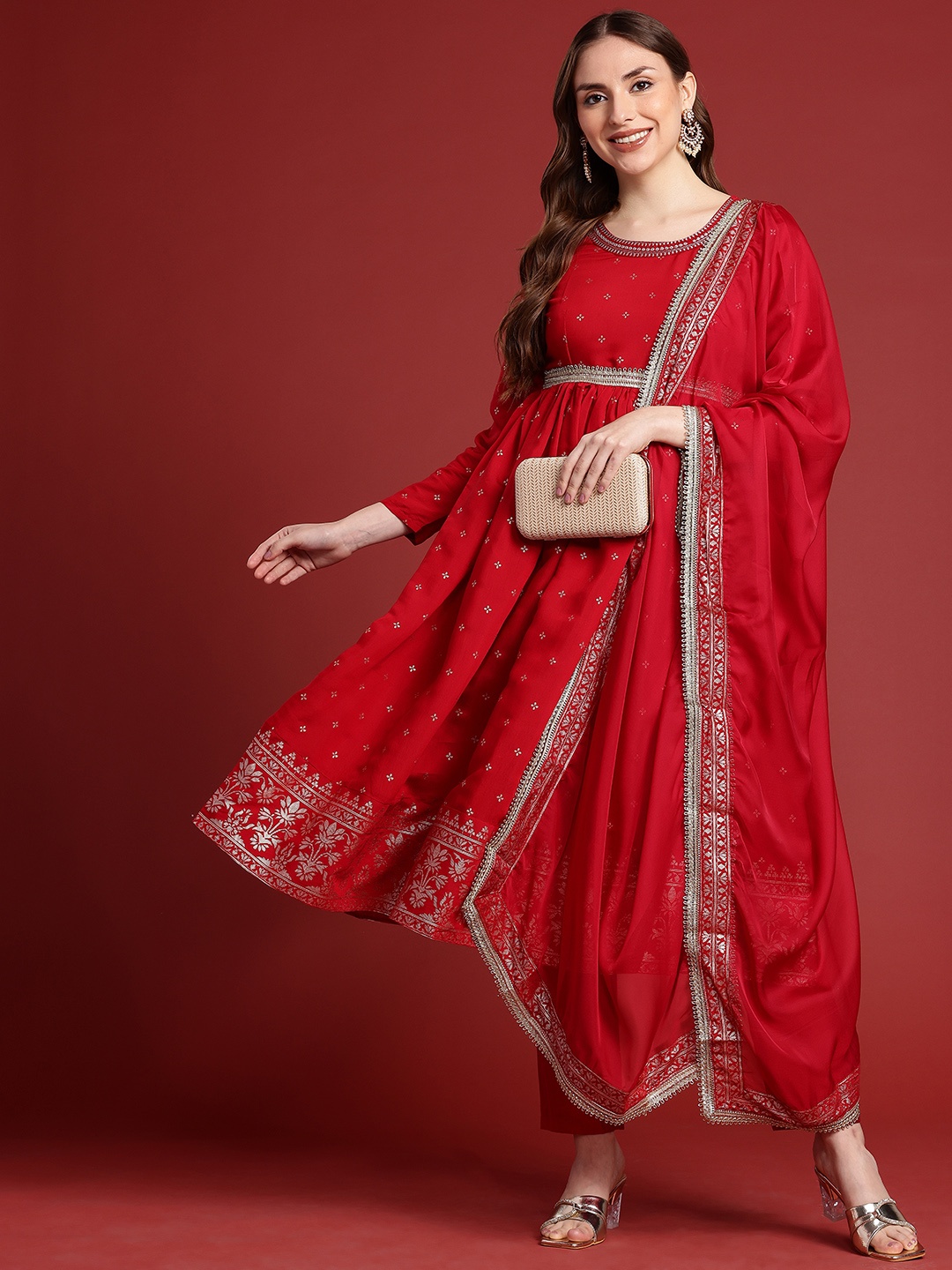 

Anouk Floral Printed Pleated Thread Work Pleated Anarkali Kurta with Trousers & Dupatta, Red