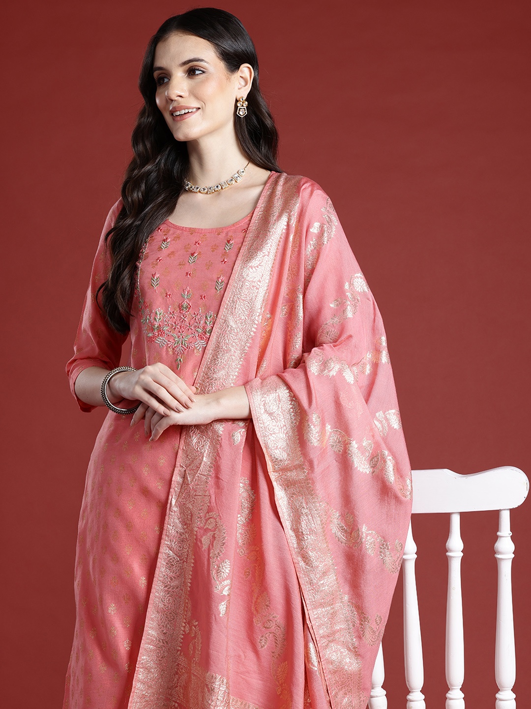 

Anouk Printed Regular Kurta with Trousers & With Dupatta, Peach