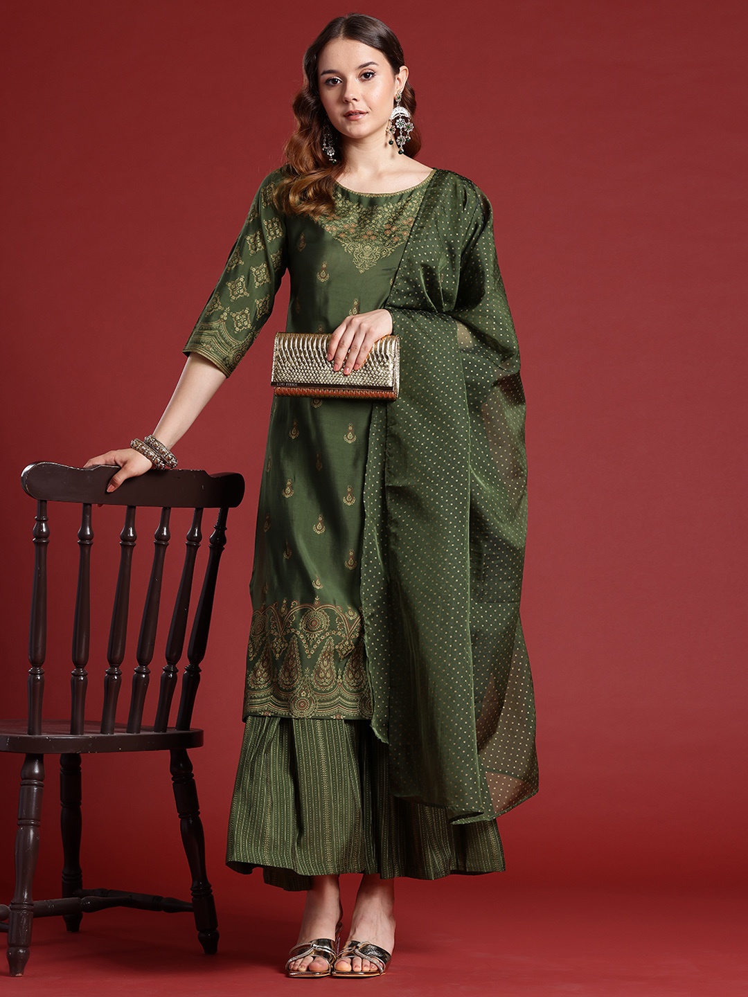 

Anouk Ethnic Motifs Print Kurta with Sharara & Dupatta, Green