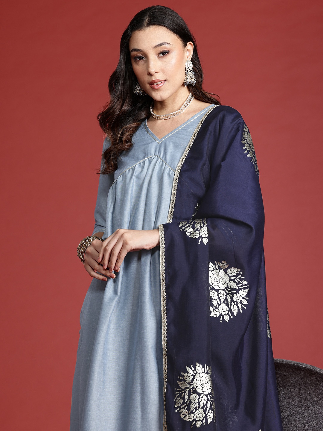 

Anouk V-Neck Empire Kurta with Trousers & Dupatta, Blue