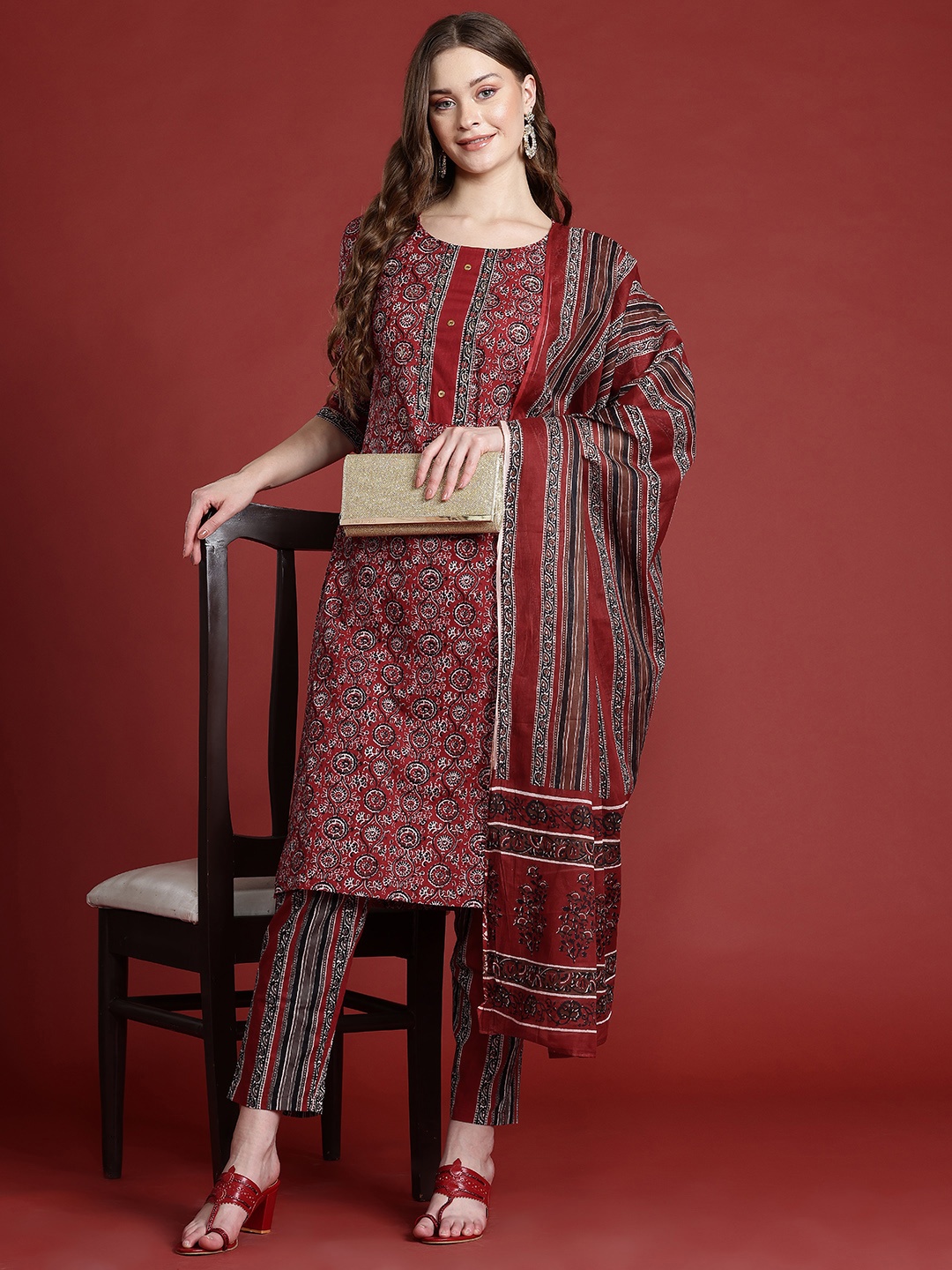 

Anouk Ethnic Motifs Printed Pure Cotton Kurta With Trousers & Dupatta, Red