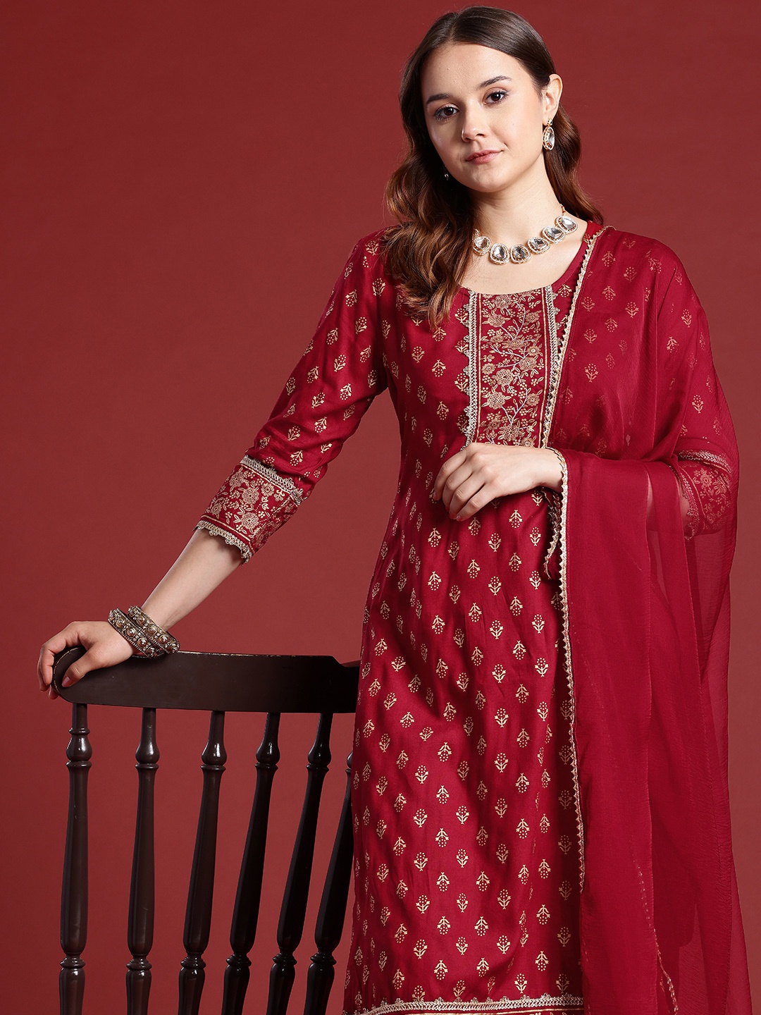 

Anouk Printed Gotta Patti Kurta with Sharara & Dupatta, Maroon