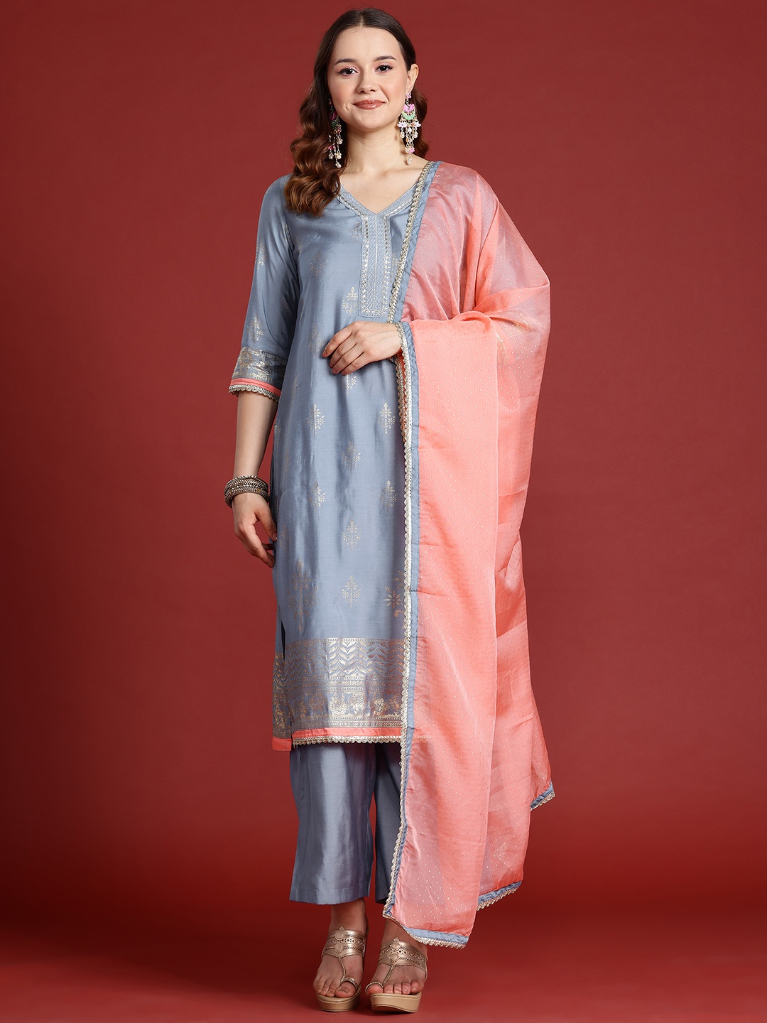 

Anouk Printed Thread Work Kurta with Palazzos & Dupatta, Blue