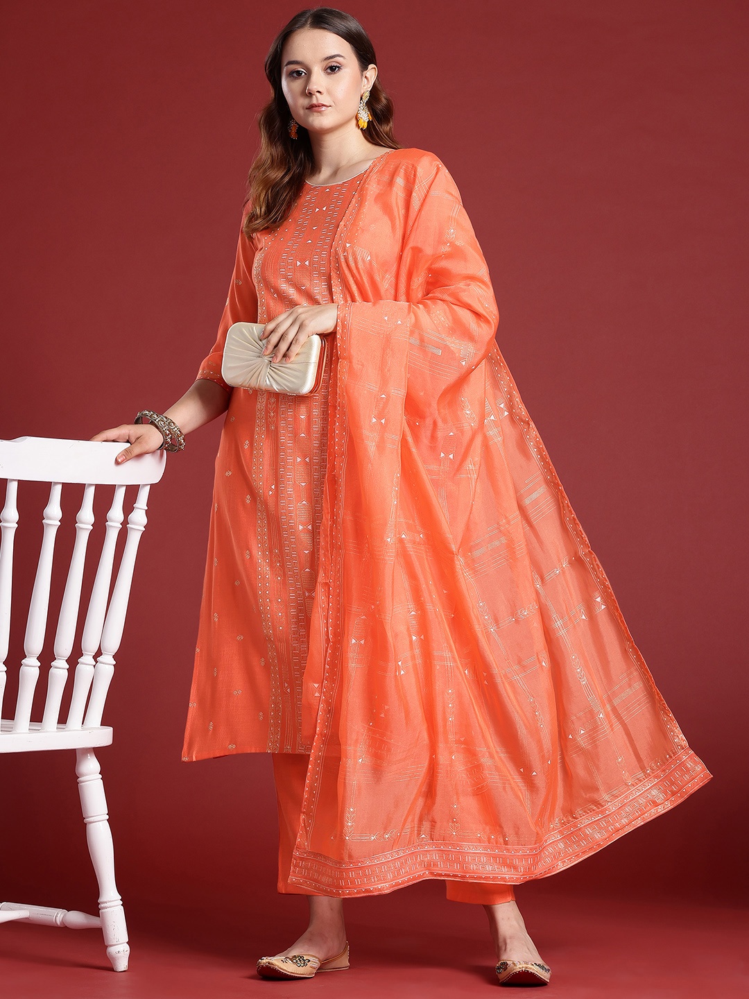 

Anouk Printed Kurta with Trousers & Dupatta, Orange