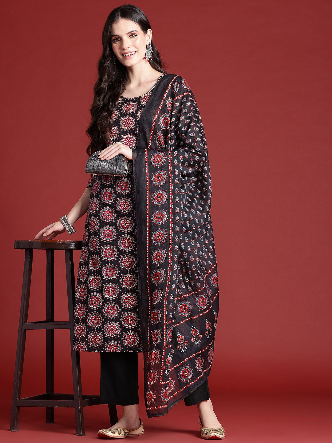 

Anouk Tyohaar Collection Printed Kurta with Trousers & Dupatta, Black