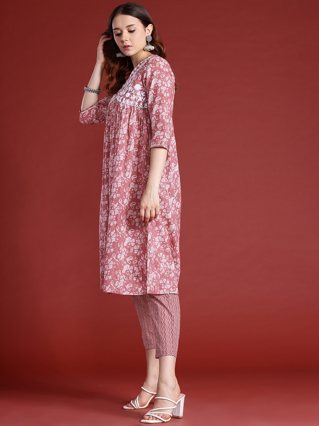 Anouk Printed Pleated Mirror Work Detail Pure Cotton Kurta Set, Pink