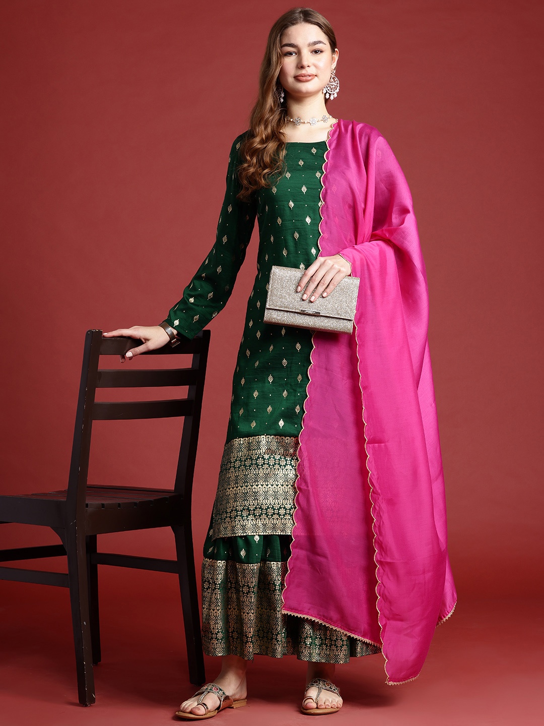 

Anouk Women Ethnic Motifs Printed Regular Gotta Patti Kurta with Palazzos & With Dupatta, Green