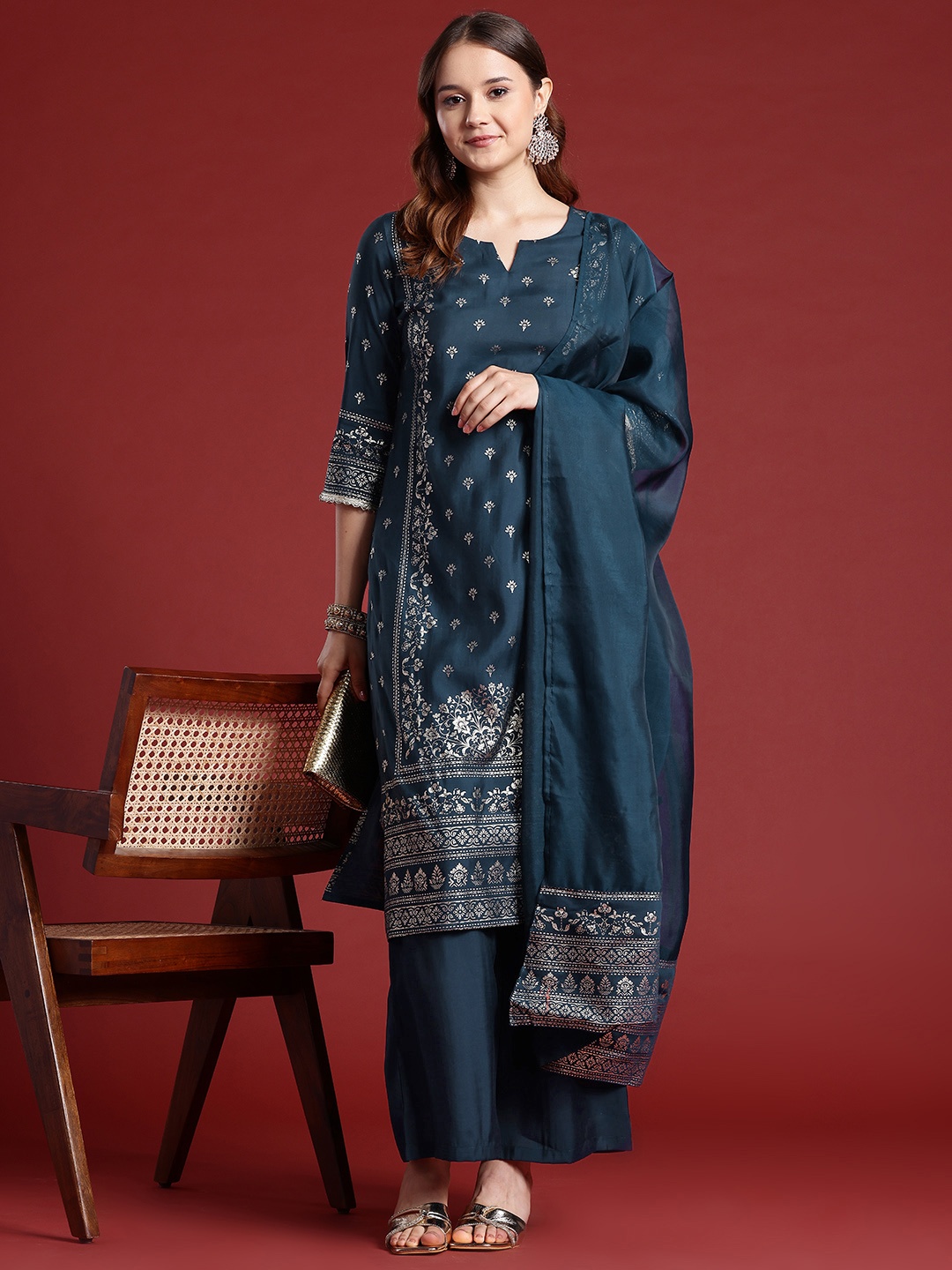 

Anouk Ethnic Motifs Printed Kurta Set With Dupatta, Navy blue