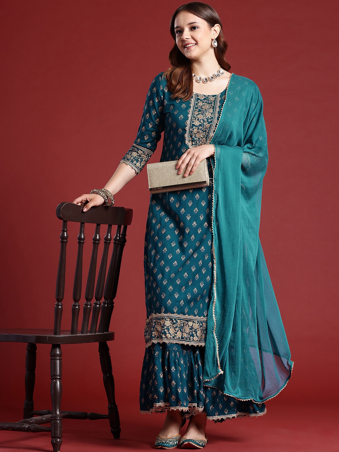 

Anouk Printed Sequined Kurta with Sharara & Dupatta, Teal