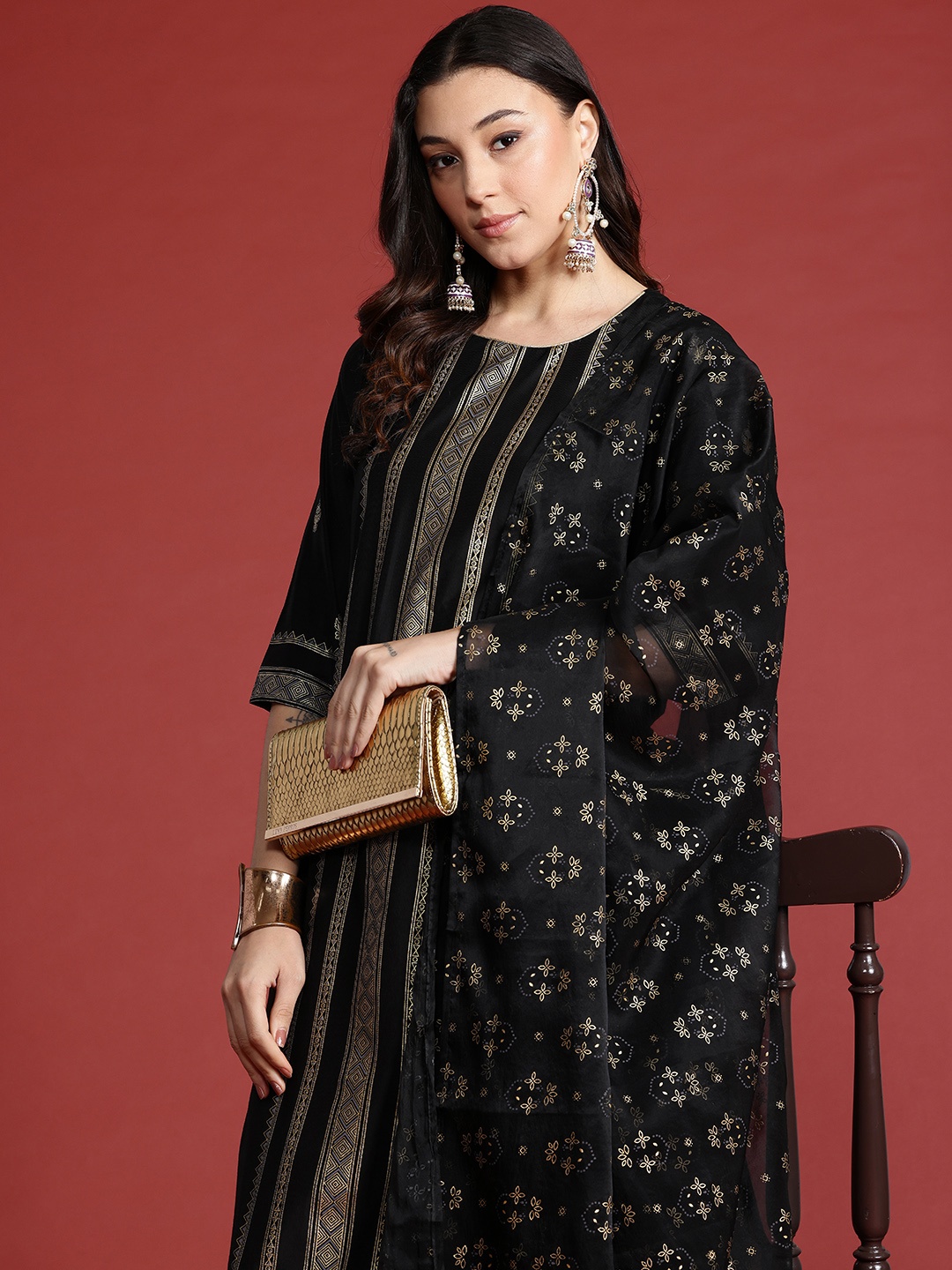 

Anouk Tyohar Collection Printed Kurta with Palazzos & Dupatta, Black