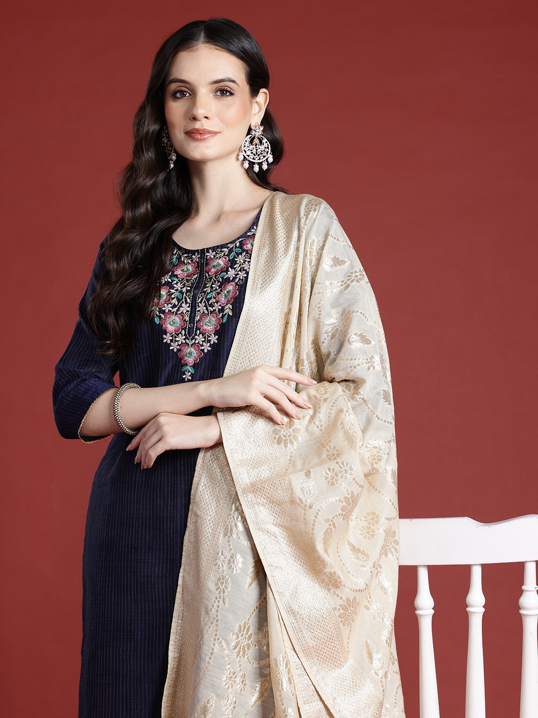 

Anouk Floral Yoke Design Regular Kurta with Trousers & With Dupatta, Purple