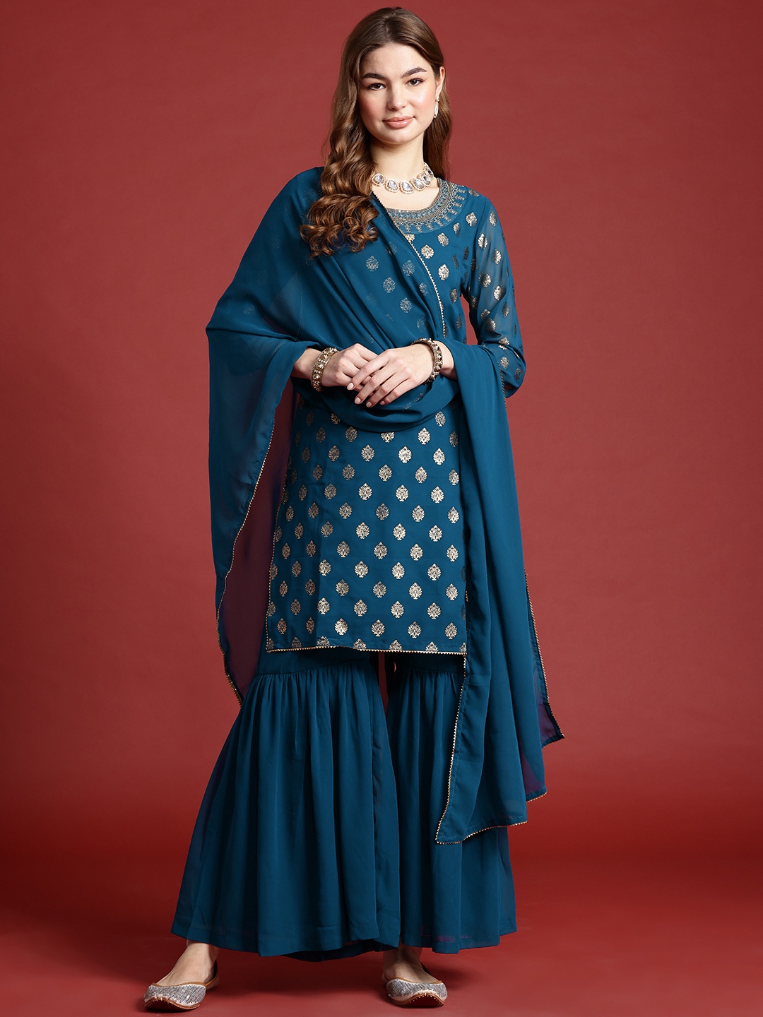 

Anouk Ethnic Motifs Printed Regular Kurta with Sharara & With Dupatta, Teal