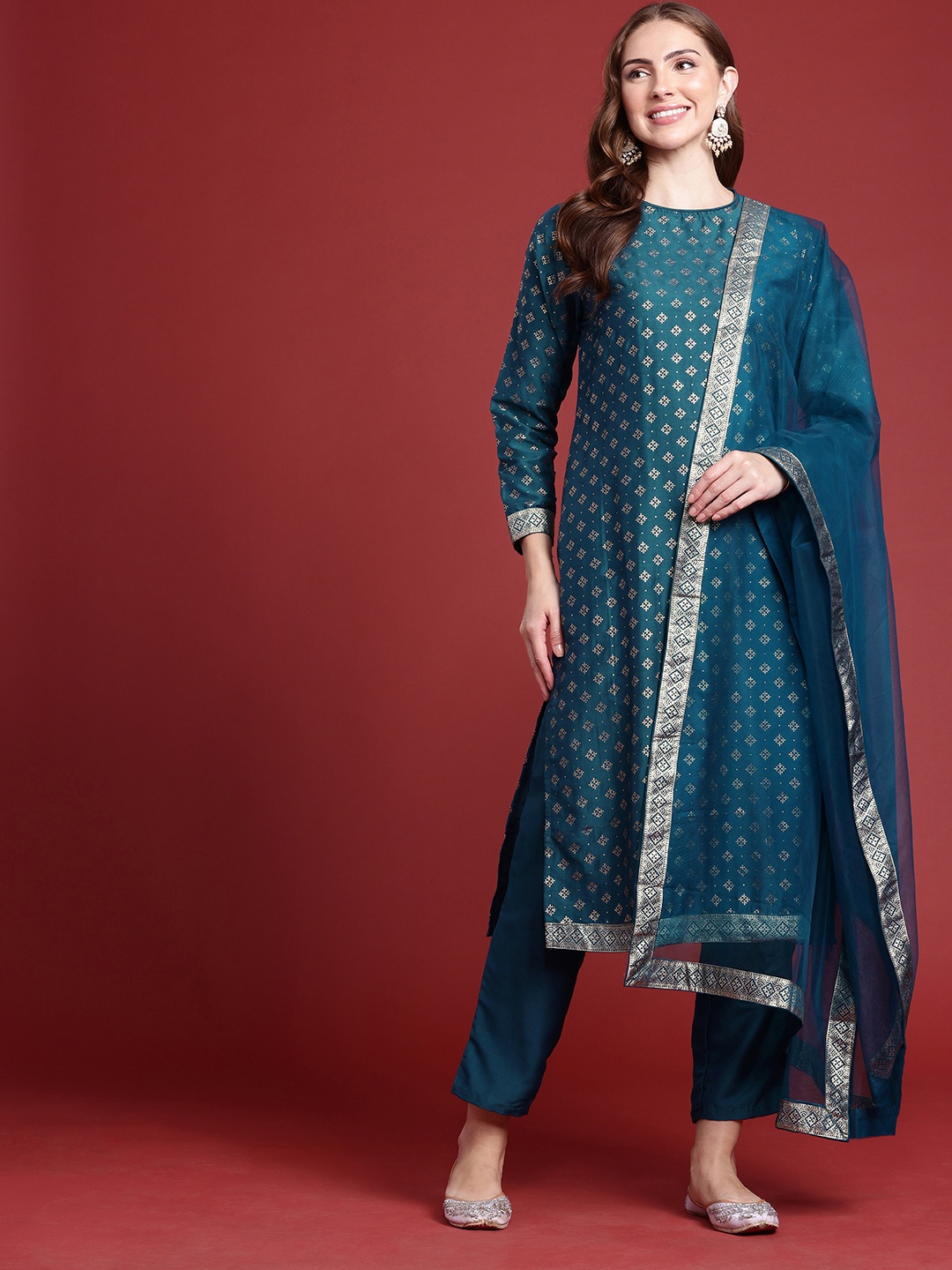 Anouk Geometric Printed Kurta With Trousers & With Dupatta, Teal