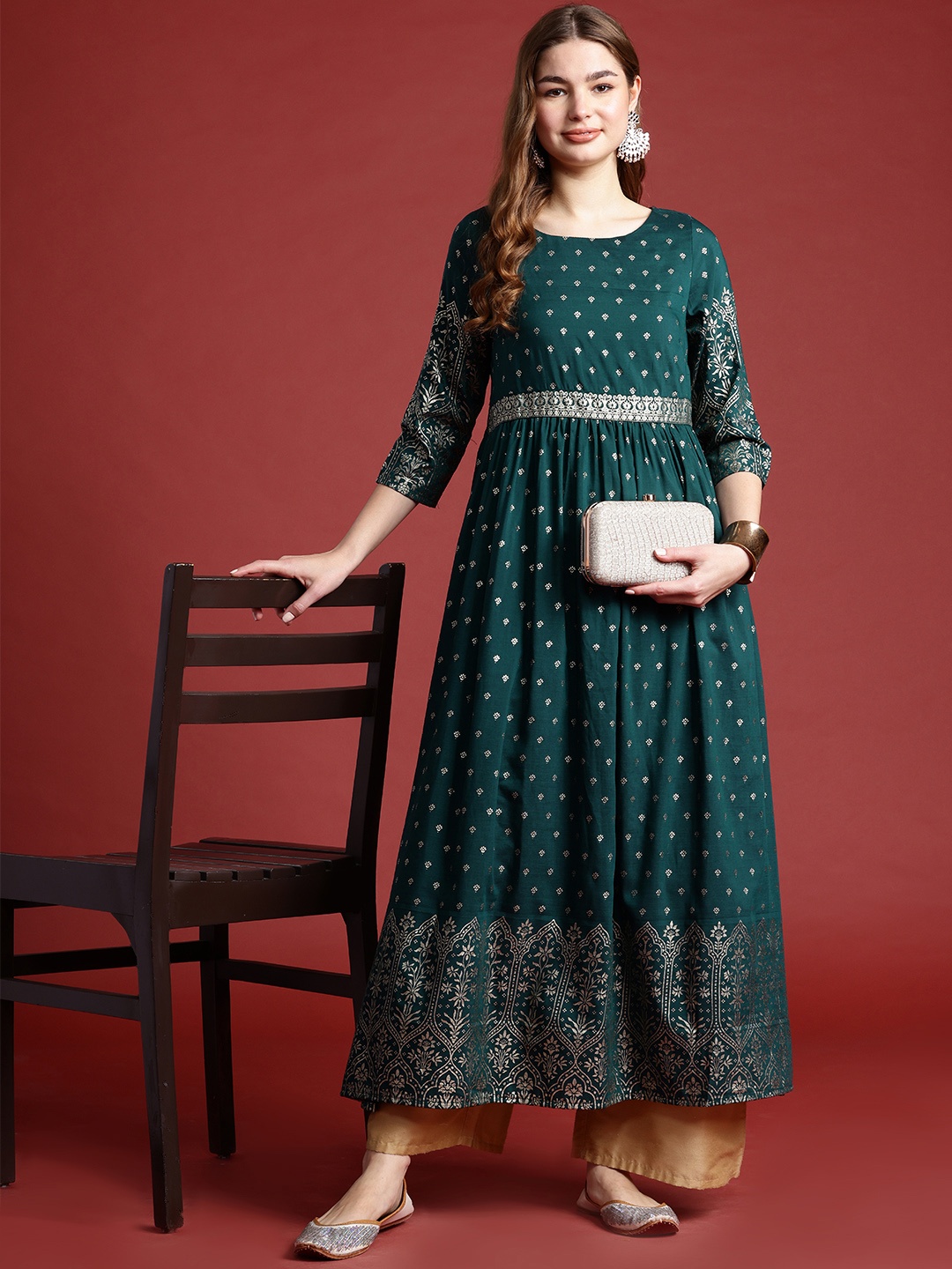 

Anouk Women Ethnic Motifs Printed Empire Kurta with Palazzos, Green